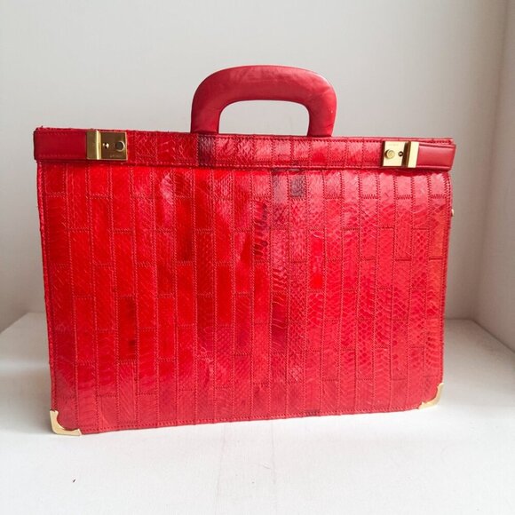 Vintage Amiet Patchwork Snakeskin Bright Red Briefcase Office Document Case - Picture 6 of 8